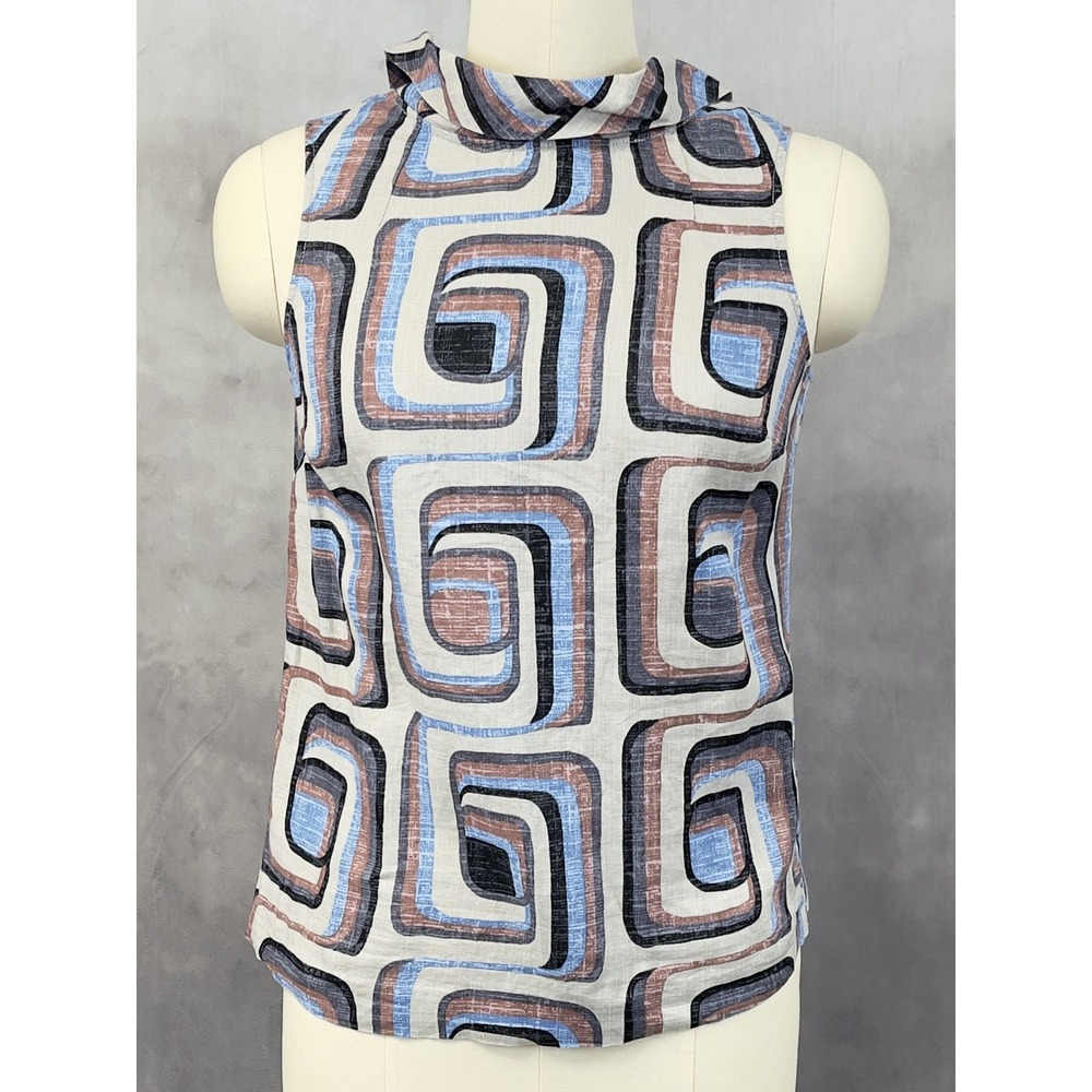 Boden Sleeveless Linen Top Women Size 4 Geometric Mod Retro Coastal Preppy